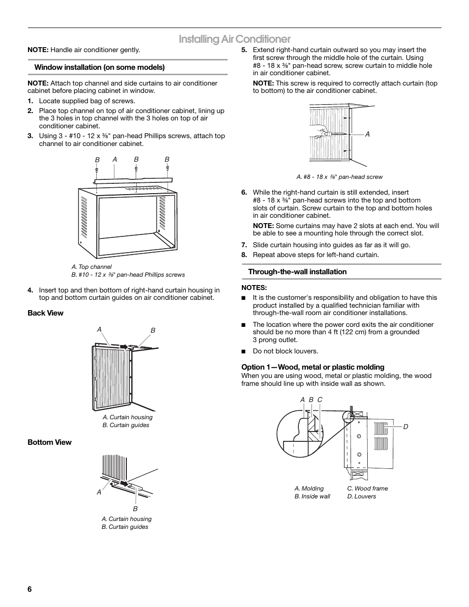 Installing air conditioner | Whirlpool ACC082XR0 User Manual | Page 6 / 32