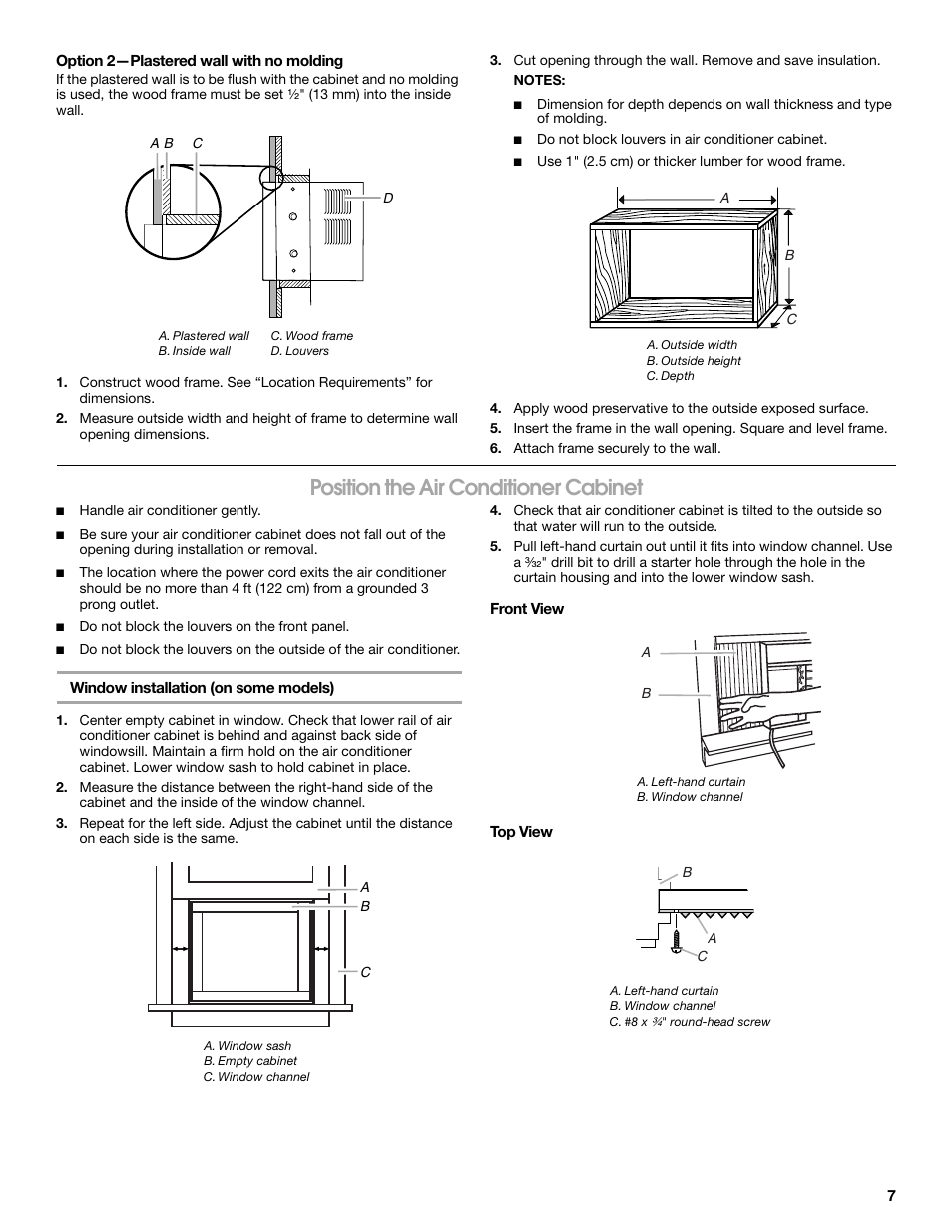 Position the air conditioner cabinet | Whirlpool ACC082XR0 User Manual | Page 7 / 32