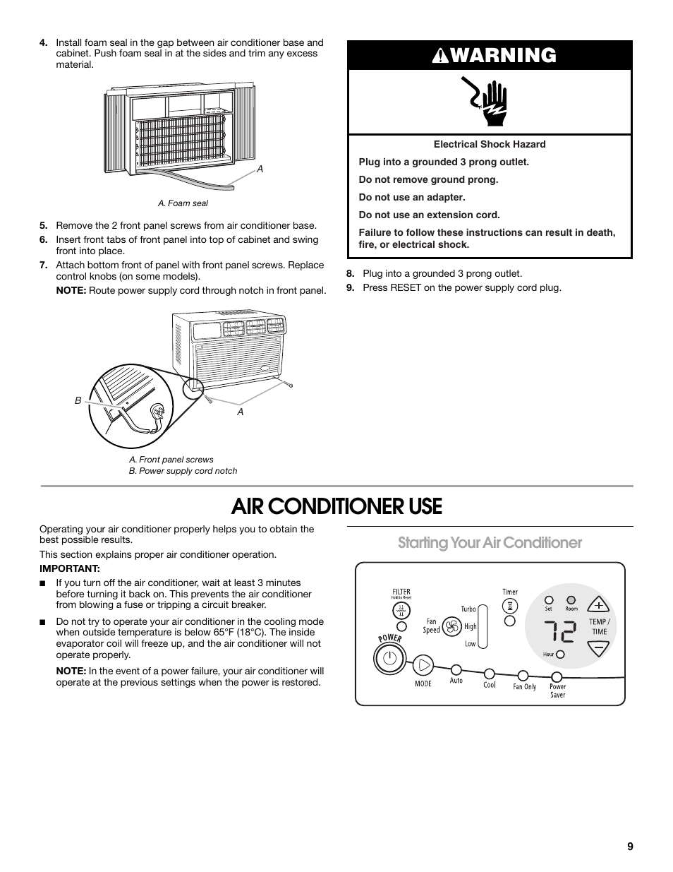 Air conditioner use, Warning, Starting your air conditioner | Whirlpool ACC082XR0 User Manual | Page 9 / 32