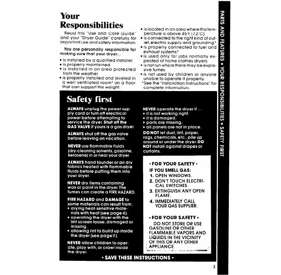 Your, Responsibilities, Safety first | For your safety, Your responsibilities | Whirlpool ELECTRIC LE5795XM User Manual | Page 3 / 12