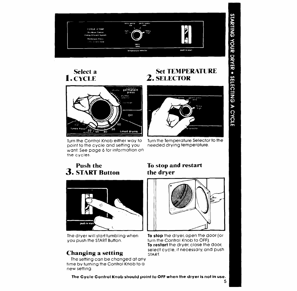 Set temperature 2. selector, Push the, Start button | Changing a setting, Select a 1.cycle set temperature 2. selector, Push the 3. start button | Whirlpool ELECTRIC LE5795XM User Manual | Page 5 / 12