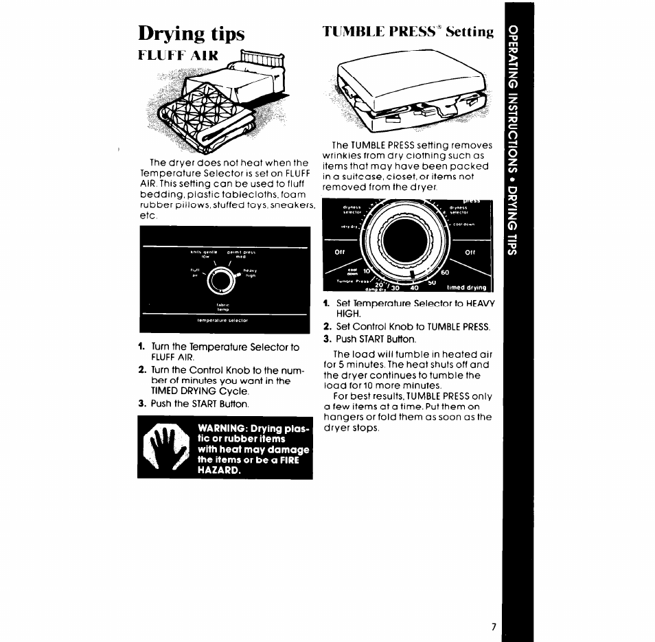 Drying tips, Fluff air, Tumble press® setting | Fluff air tumble press® setting | Whirlpool ELECTRIC LE5795XM User Manual | Page 7 / 12