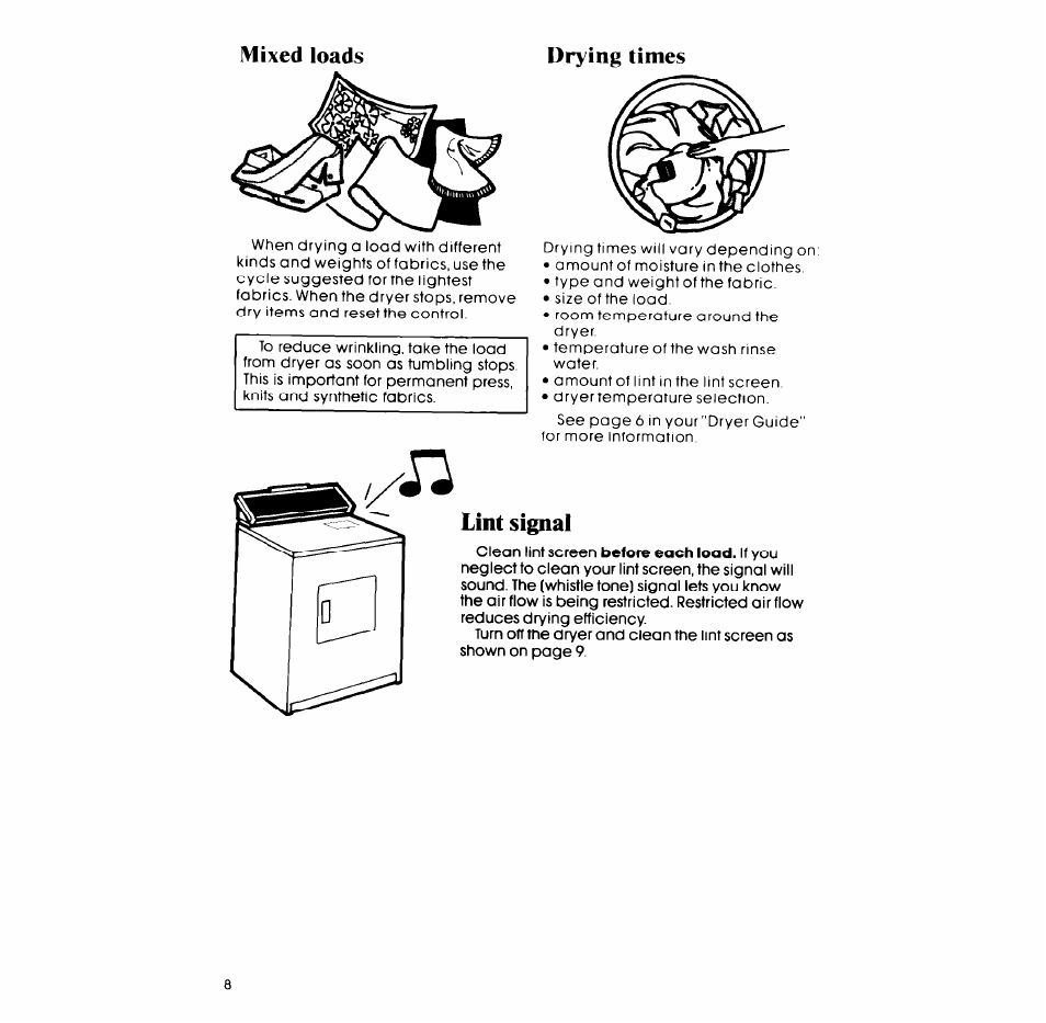 Mixed loads, Drying times, Lint signal | Mixed loads drying times | Whirlpool ELECTRIC LE5795XM User Manual | Page 8 / 12