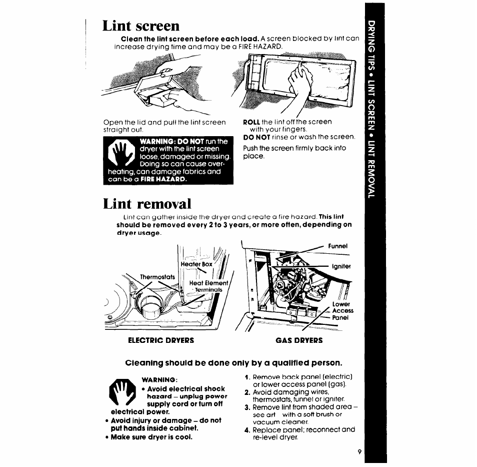 Lint screen, Lint removal, Cleaning should be done only by a qualified person | Warning | Whirlpool ELECTRIC LE5795XM User Manual | Page 9 / 12