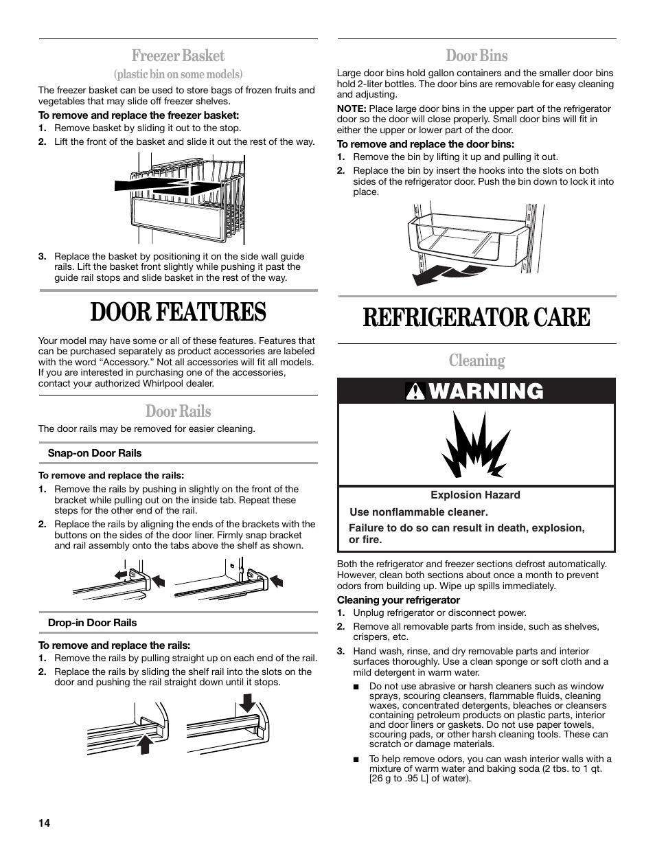 Door features, Refrigerator care, Freezer basket | Door rails, Door bins, Cleaning | Whirlpool 6GC5THGXKS00 User Manual | Page 14 / 20