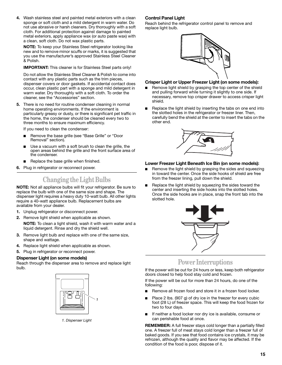 Changing the light bulbs, Power interruptions | Whirlpool 6GC5THGXKS00 User Manual | Page 15 / 20