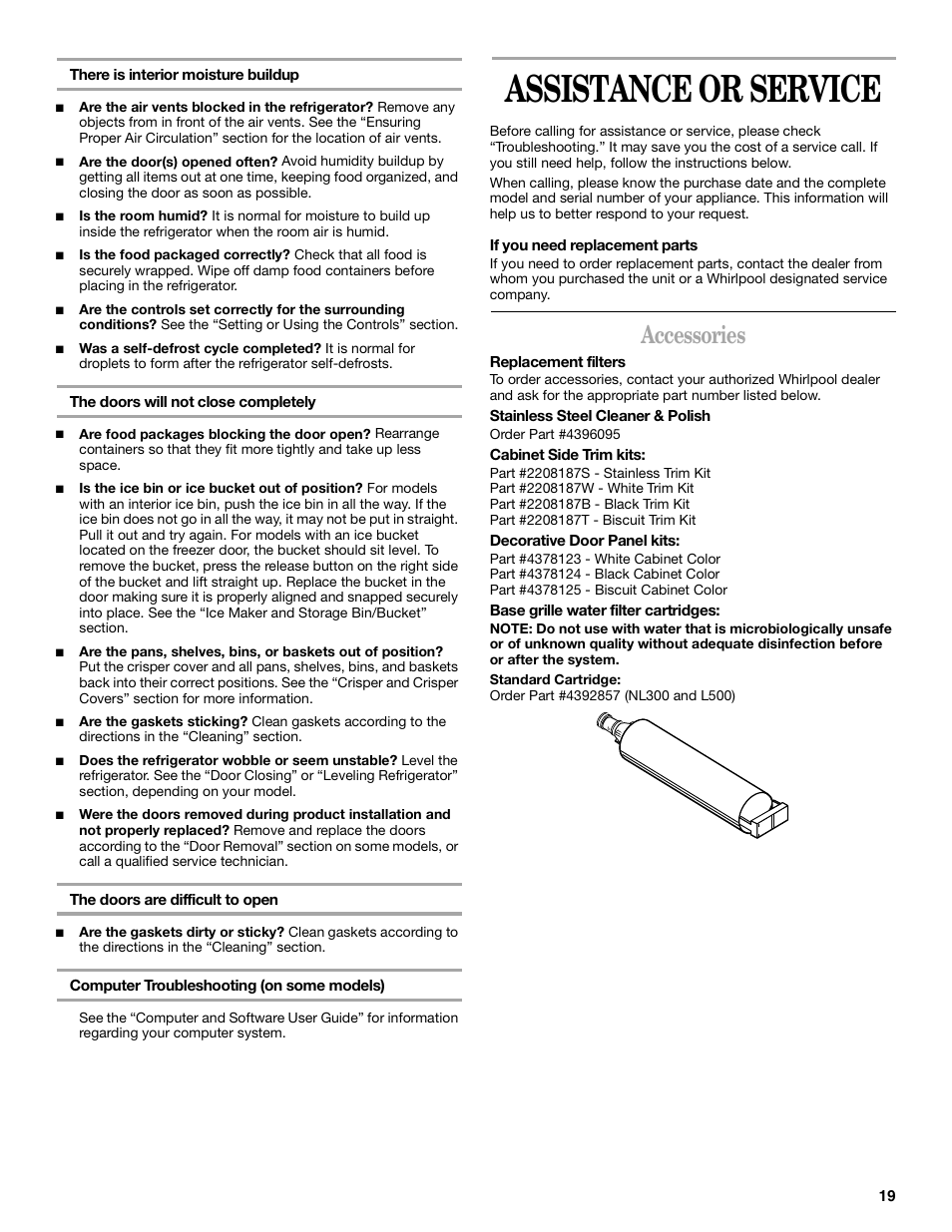 Assistance or service, Accessories | Whirlpool 6GC5THGXKS00 User Manual | Page 19 / 20