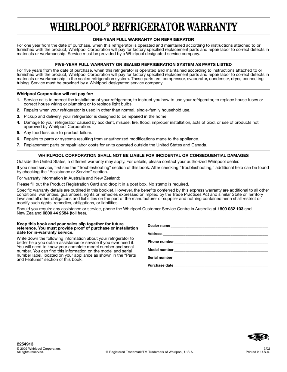 Warranty, Whirlpool, Refrigerator warranty | Whirlpool 6GC5THGXKS00 User Manual | Page 20 / 20