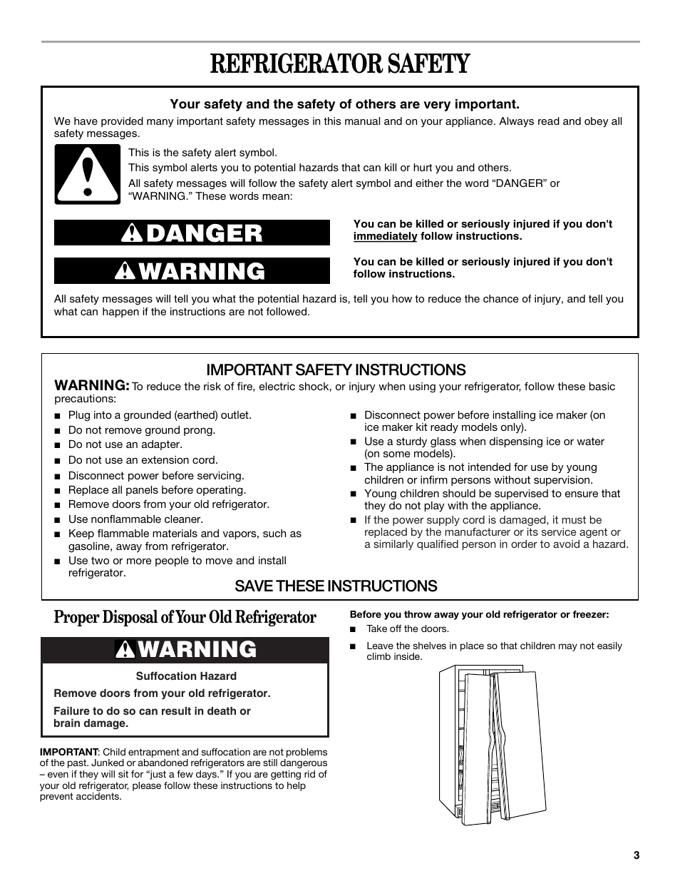 Refrigerator safety, Proper disposal of your old refrigerator, Important safety instructions | Save these instructions, Warning | Whirlpool 6GC5THGXKS00 User Manual | Page 3 / 20