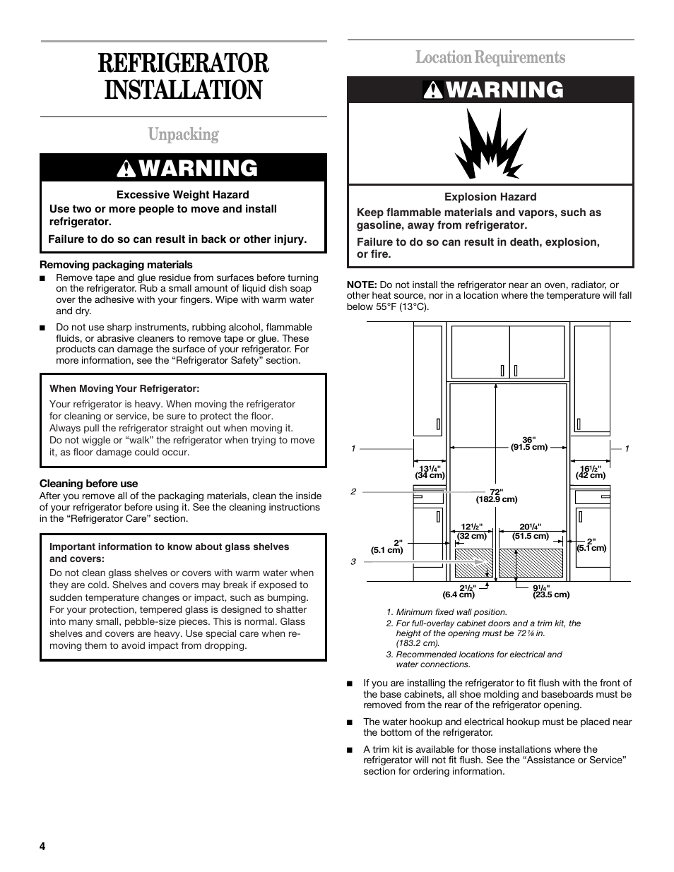 Refrigerator installation, Unpacking, Location requirements | Warning | Whirlpool 6GC5THGXKS00 User Manual | Page 4 / 20