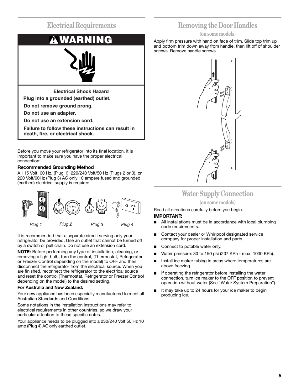 Electrical requirements, Removing the door handles, Water supply connection | Warning | Whirlpool 6GC5THGXKS00 User Manual | Page 5 / 20