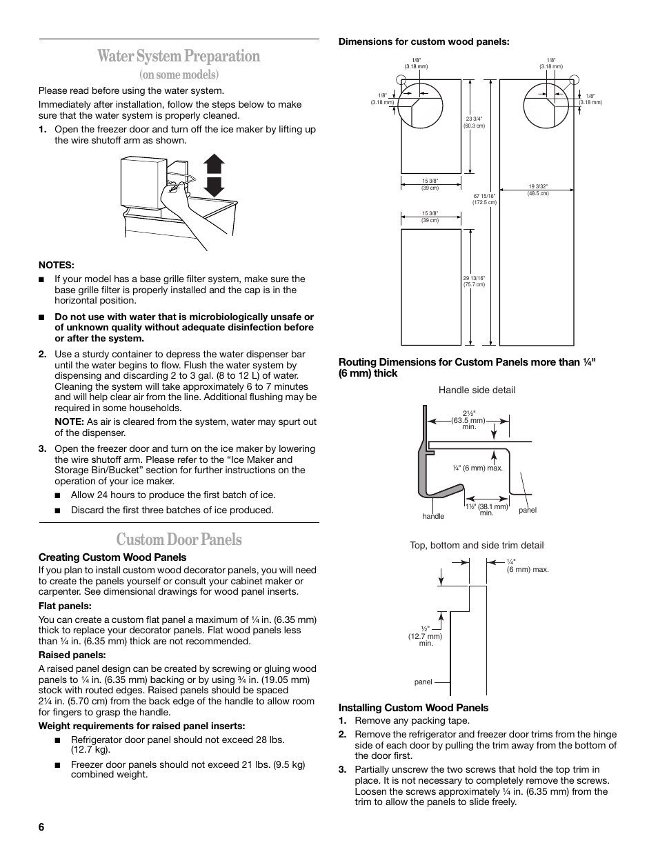 Water system preparation, Custom door panels, On some models) | Whirlpool 6GC5THGXKS00 User Manual | Page 6 / 20