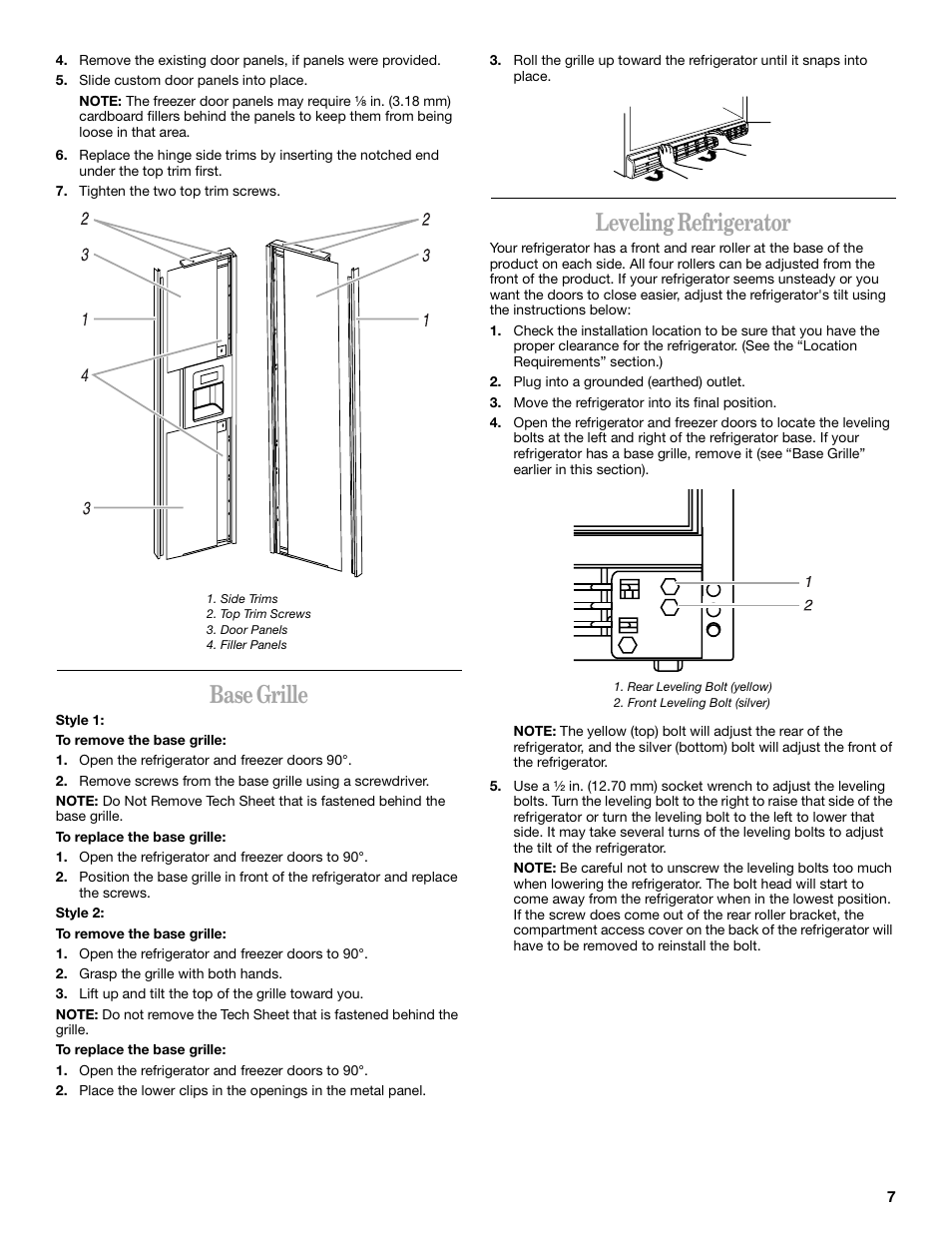 Base grille, Leveling refrigerator | Whirlpool 6GC5THGXKS00 User Manual | Page 7 / 20