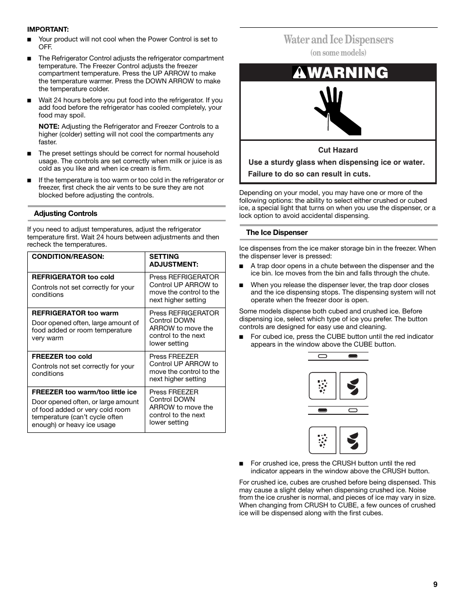 Warning, Water and ice dispensers, On some models) | Whirlpool 6GC5THGXKS00 User Manual | Page 9 / 20