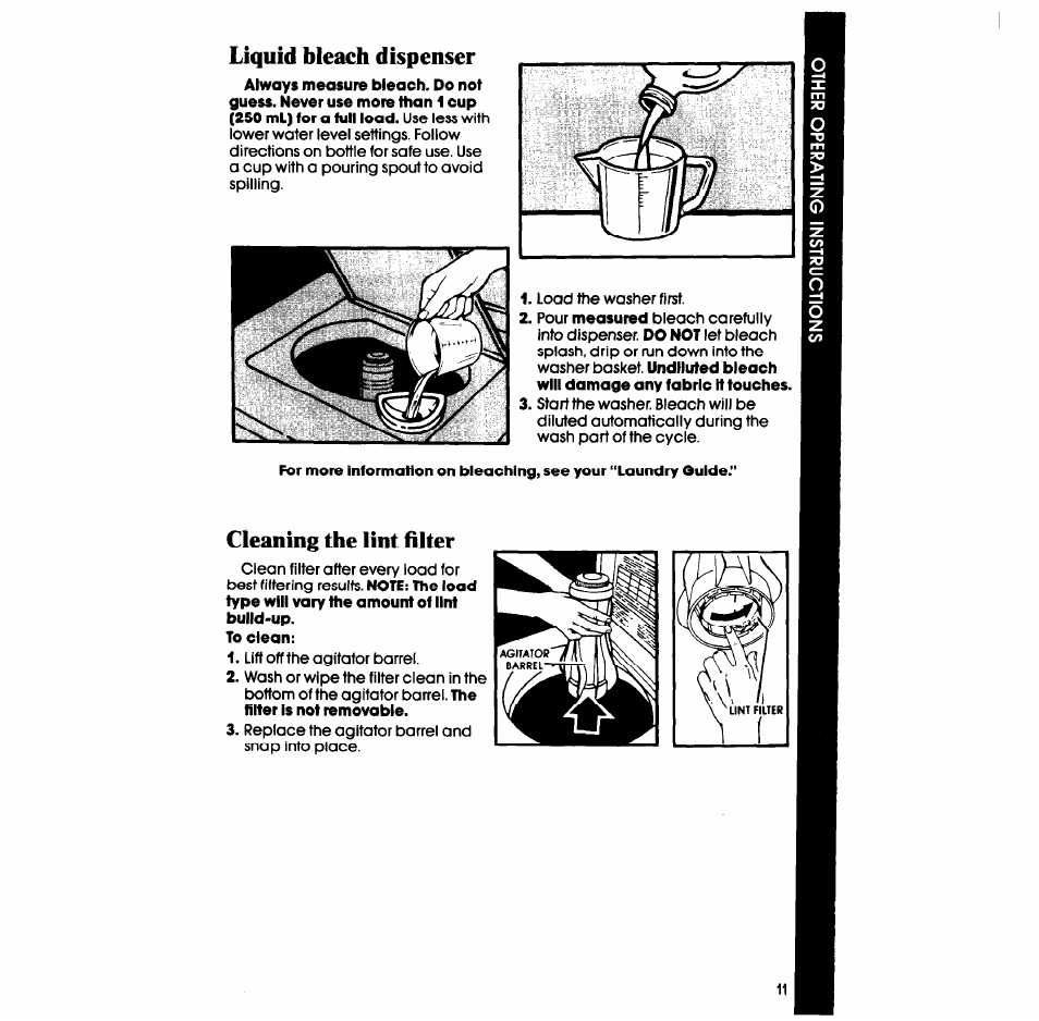 Liquid bleach dispenser, Cleaning the lint filter | Whirlpool LA638OXS User Manual | Page 11 / 16