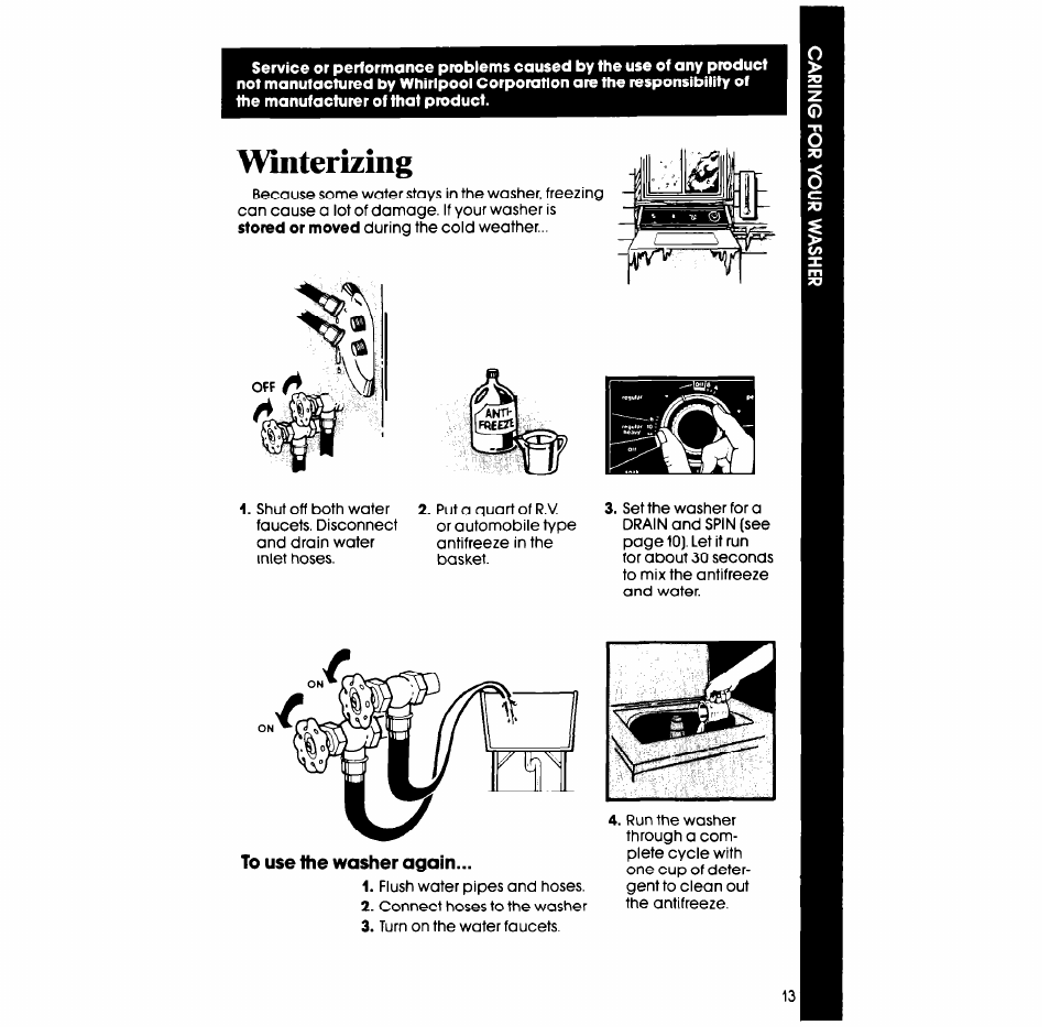 To use the washer again, Winterizing | Whirlpool LA638OXS User Manual | Page 13 / 16