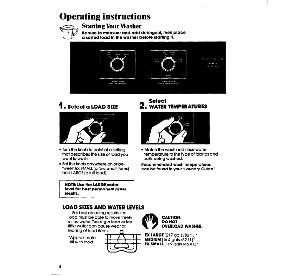 Operating instructions, Starting your washer | Whirlpool LA638OXS User Manual | Page 4 / 16