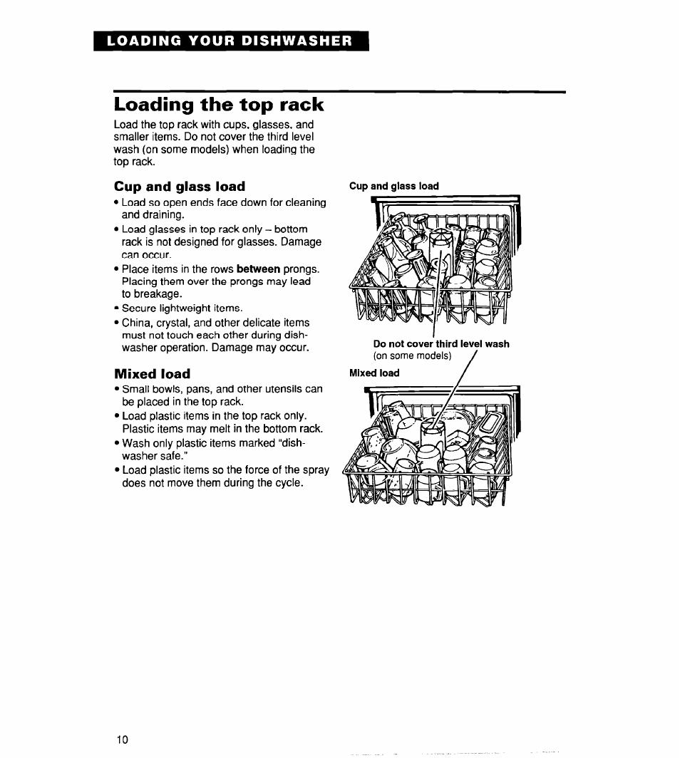 Loading the top rack, Cup and glass load, Mixed load | Whirlpool 830 User Manual | Page 10 / 31