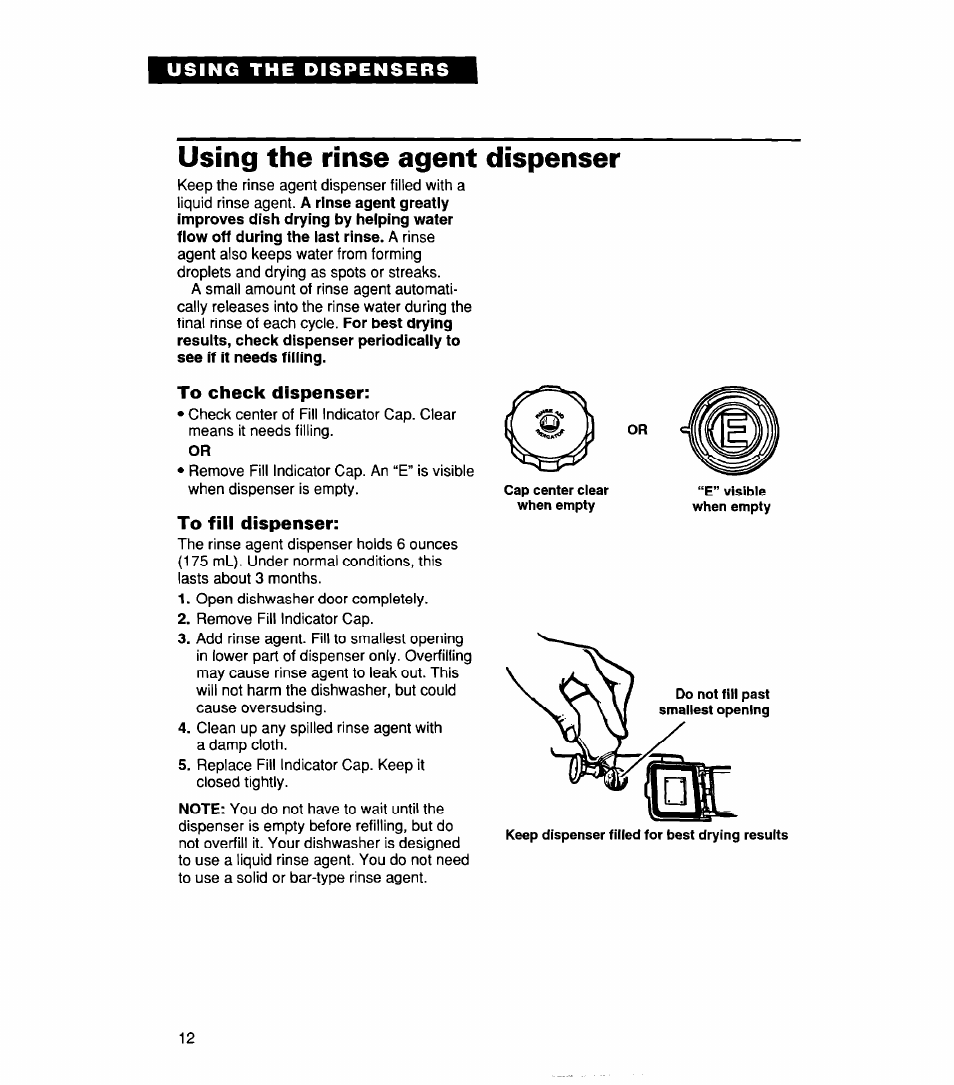 Using the rinse agent dispenser, To check dispenser, To fill dispenser | Whirlpool 830 User Manual | Page 12 / 31