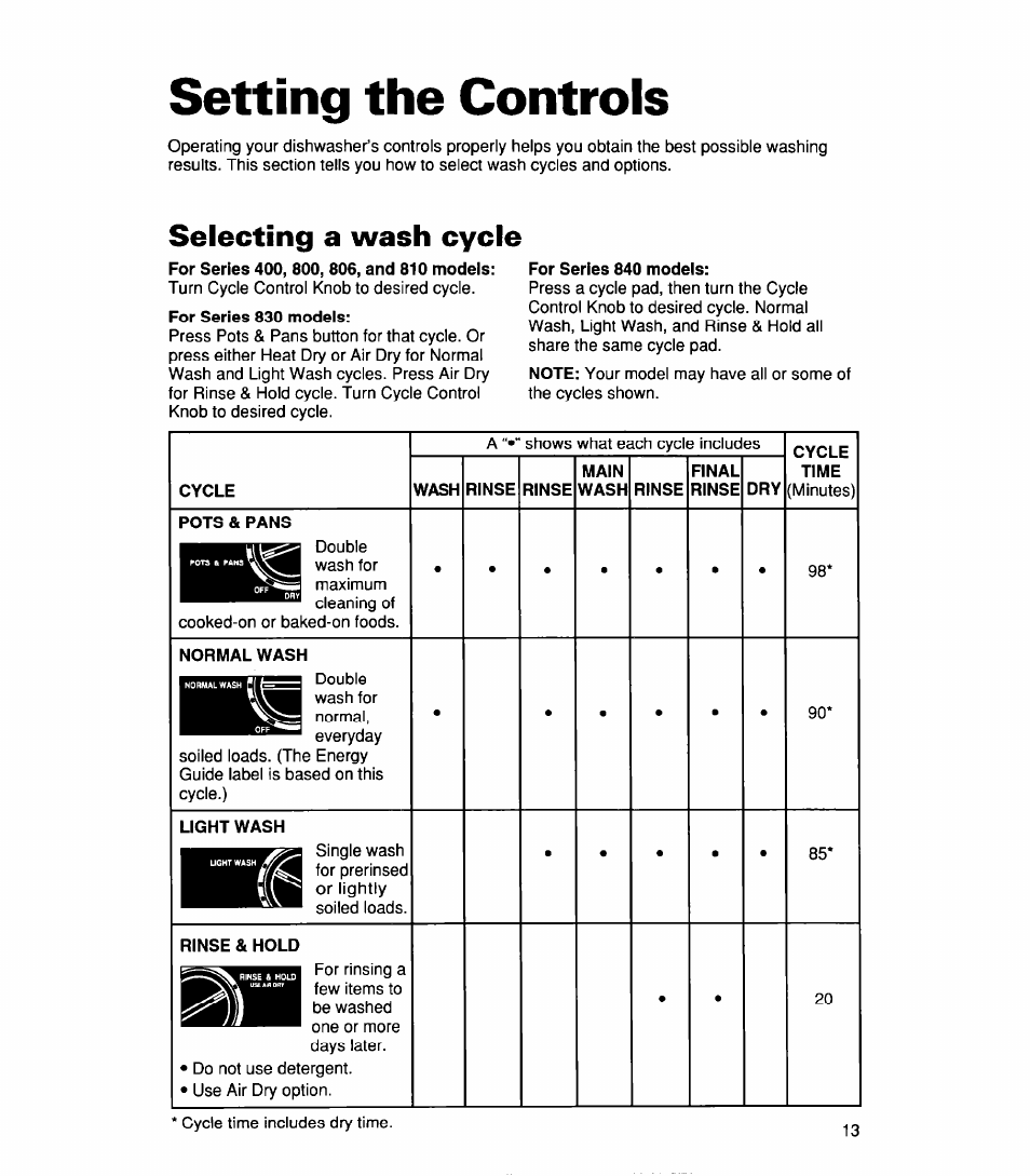 Setting the controls, Selecting a wash cycle | Whirlpool 830 User Manual | Page 13 / 31