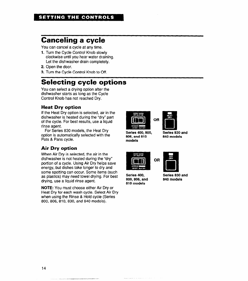 Canceling a cycle, Selecting cycle options, Heat dry option | Air dry option | Whirlpool 830 User Manual | Page 14 / 31