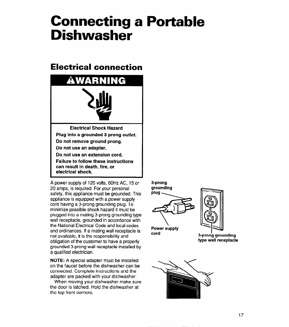 Connecting a portable dishwasher, Electrical connection, Connecting a portable | Dishwasher, Awarning | Whirlpool 830 User Manual | Page 17 / 31