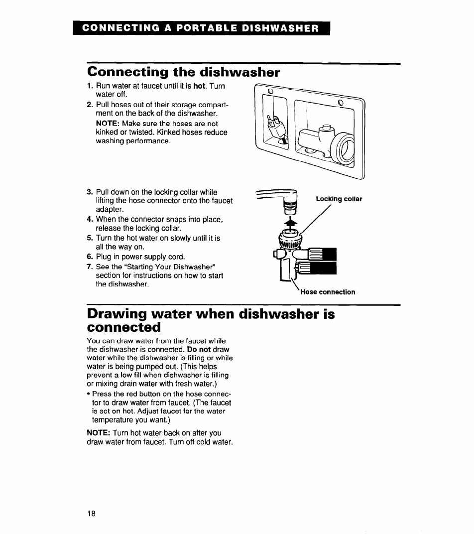 Connecting the dishwasher, Drawing water when dishwasher is connected | Whirlpool 830 User Manual | Page 18 / 31