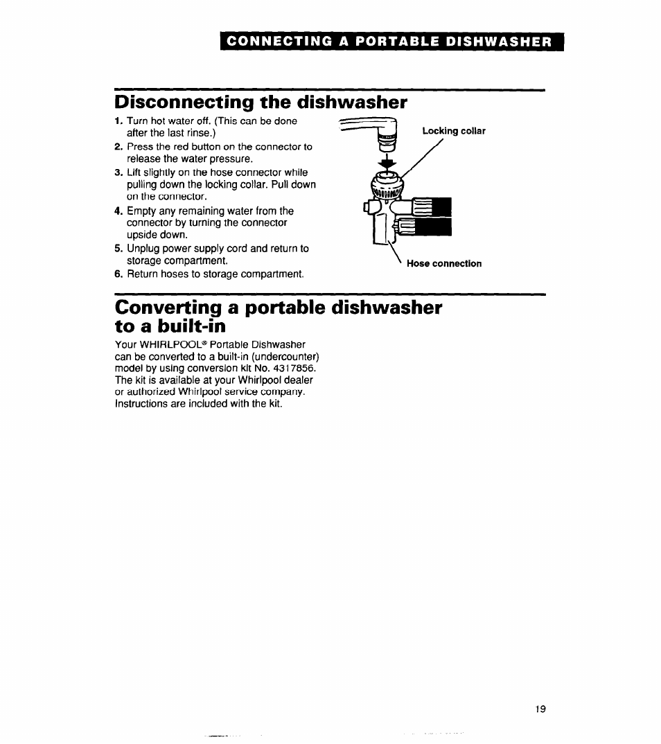 Disconnecting the dishwasher, Converting a portable dishwasher to a built-in | Whirlpool 830 User Manual | Page 19 / 31
