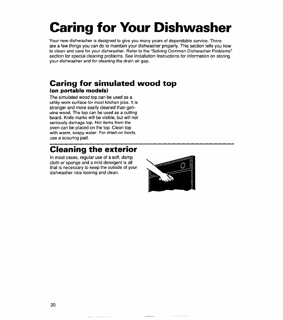 Caring for your dishwasher, Caring for simulated wood top, On portable models) | Cleaning the exterior, Starting your dishwasher | Whirlpool 830 User Manual | Page 20 / 31