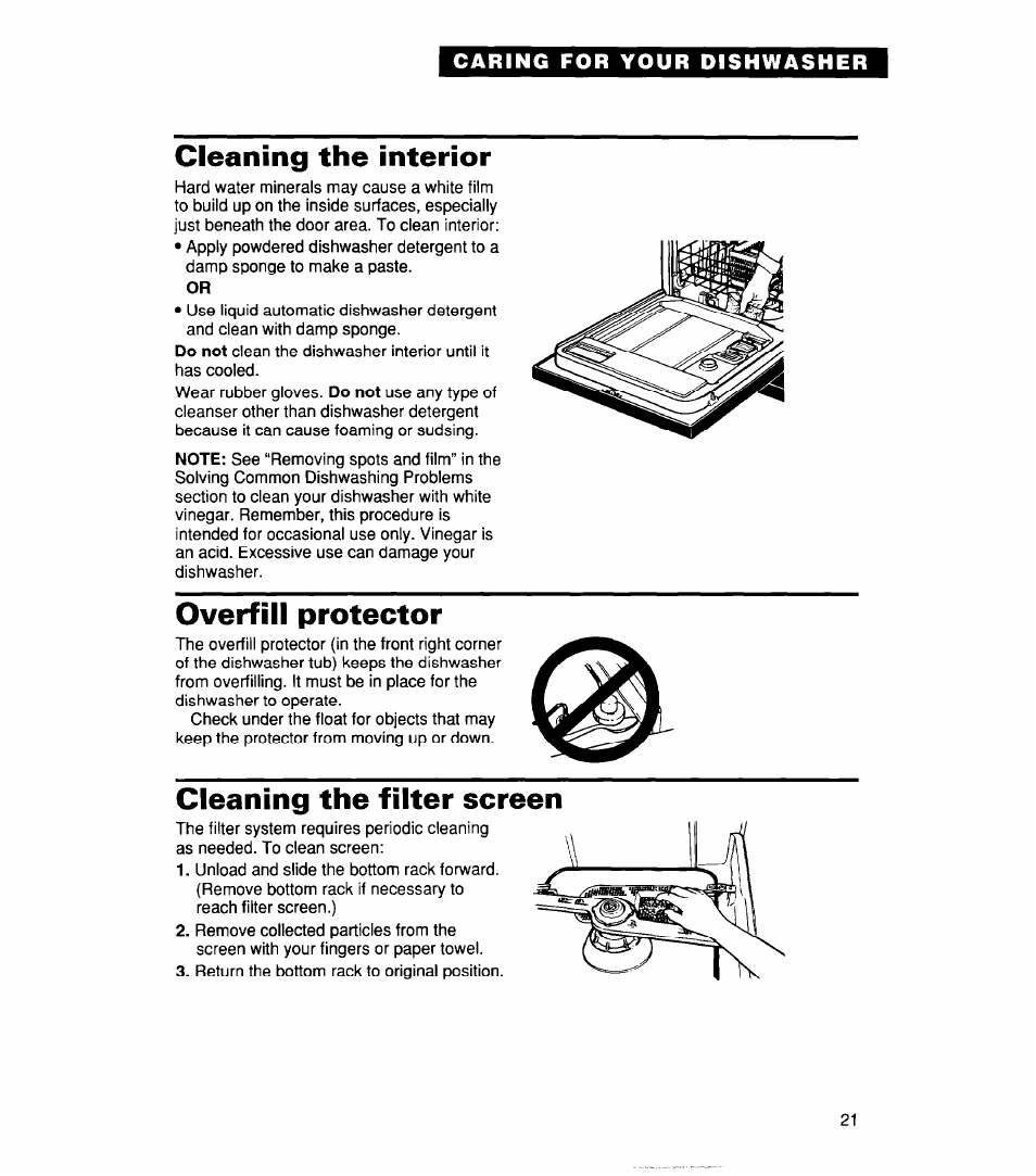 Cleaning the interior, Overfill protector, Cleaning the filter screen | Whirlpool 830 User Manual | Page 21 / 31