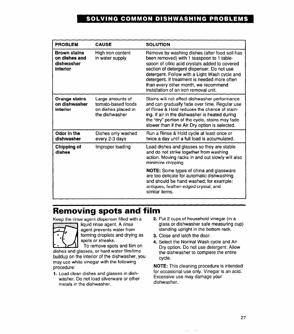 Removing spots and film | Whirlpool 830 User Manual | Page 27 / 31