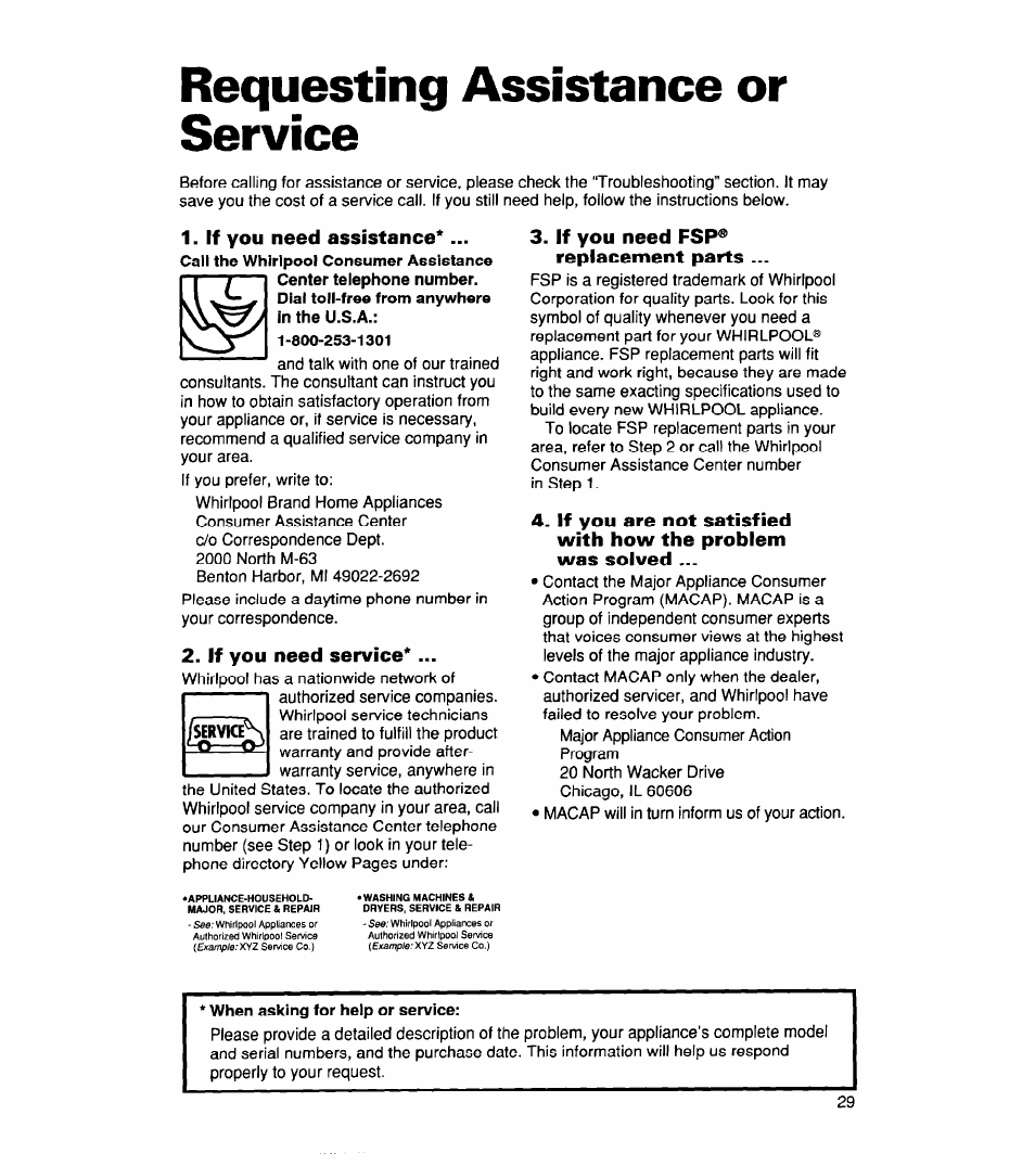 Requesting assistance or service, If you need assistance, If you need service | If you need fsp® replacement parts | Whirlpool 830 User Manual | Page 29 / 31