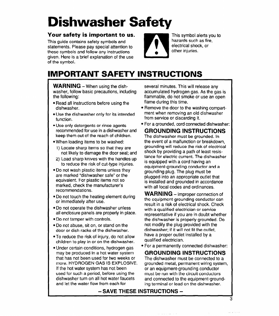 Dishwasher safety, Your safety is important to us, Important safety instructions | Save these instructions | Whirlpool 830 User Manual | Page 3 / 31