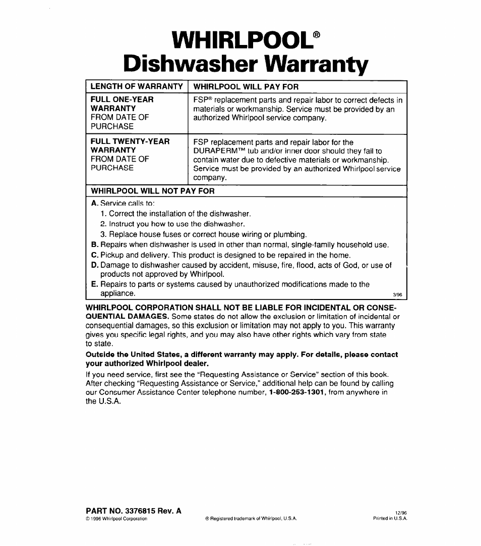 Whirlpool® dishwasher warranty | Whirlpool 830 User Manual | Page 31 / 31