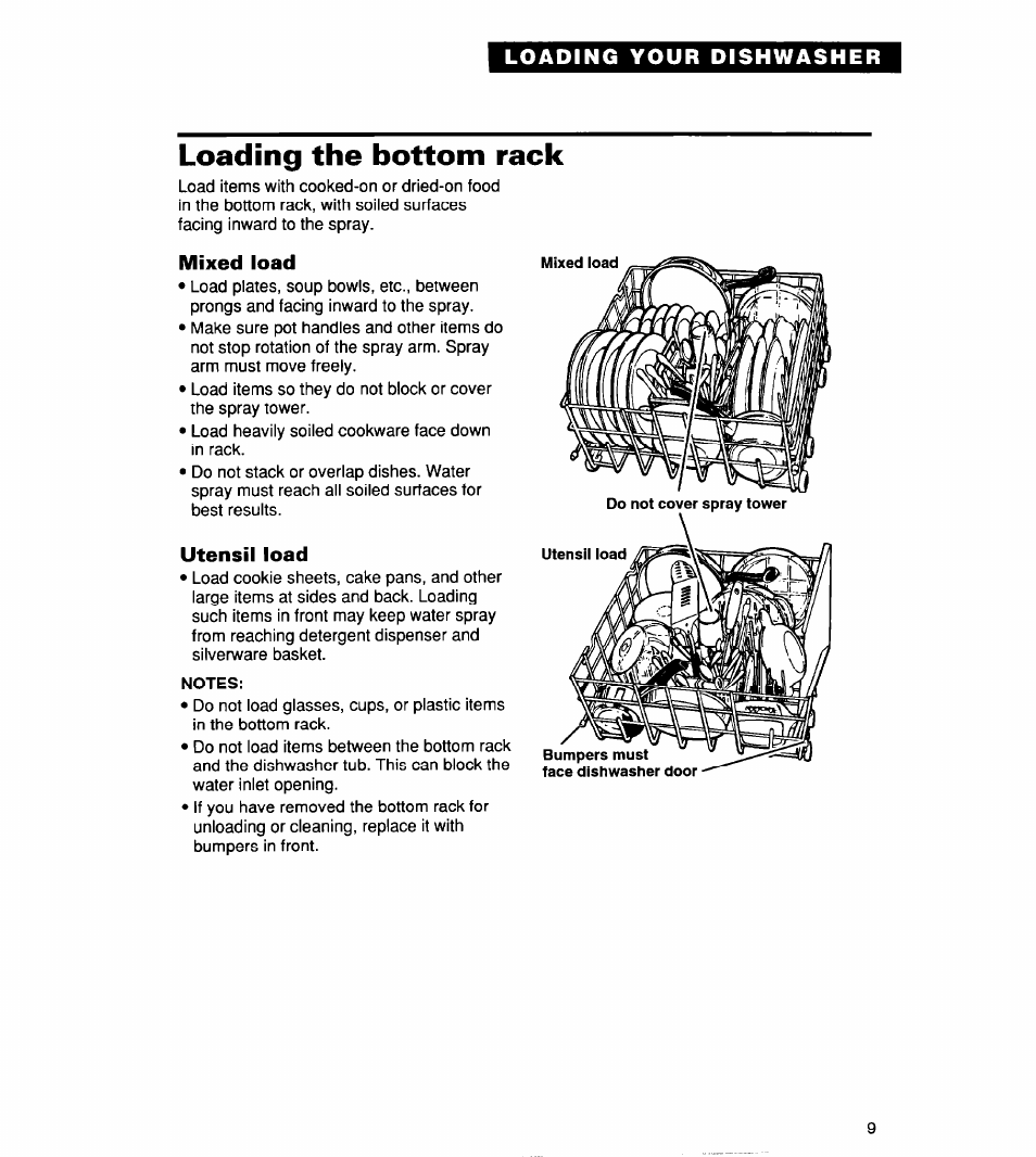 Loading the bottom rack, Mixed load, Utensil load | Whirlpool 830 User Manual | Page 9 / 31