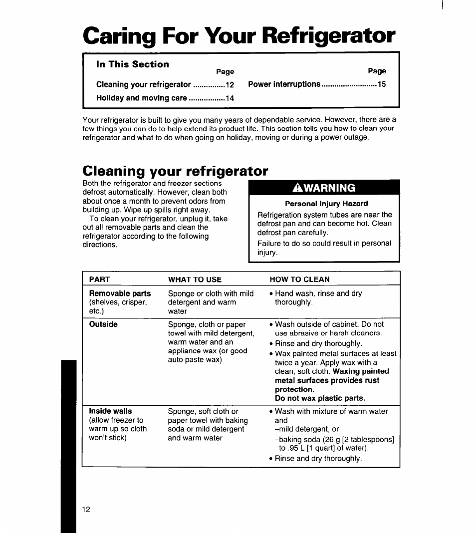 Caring for your refrigerator, Cleaning your refrigerator | Whirlpool 8ET14GK User Manual | Page 13 / 21