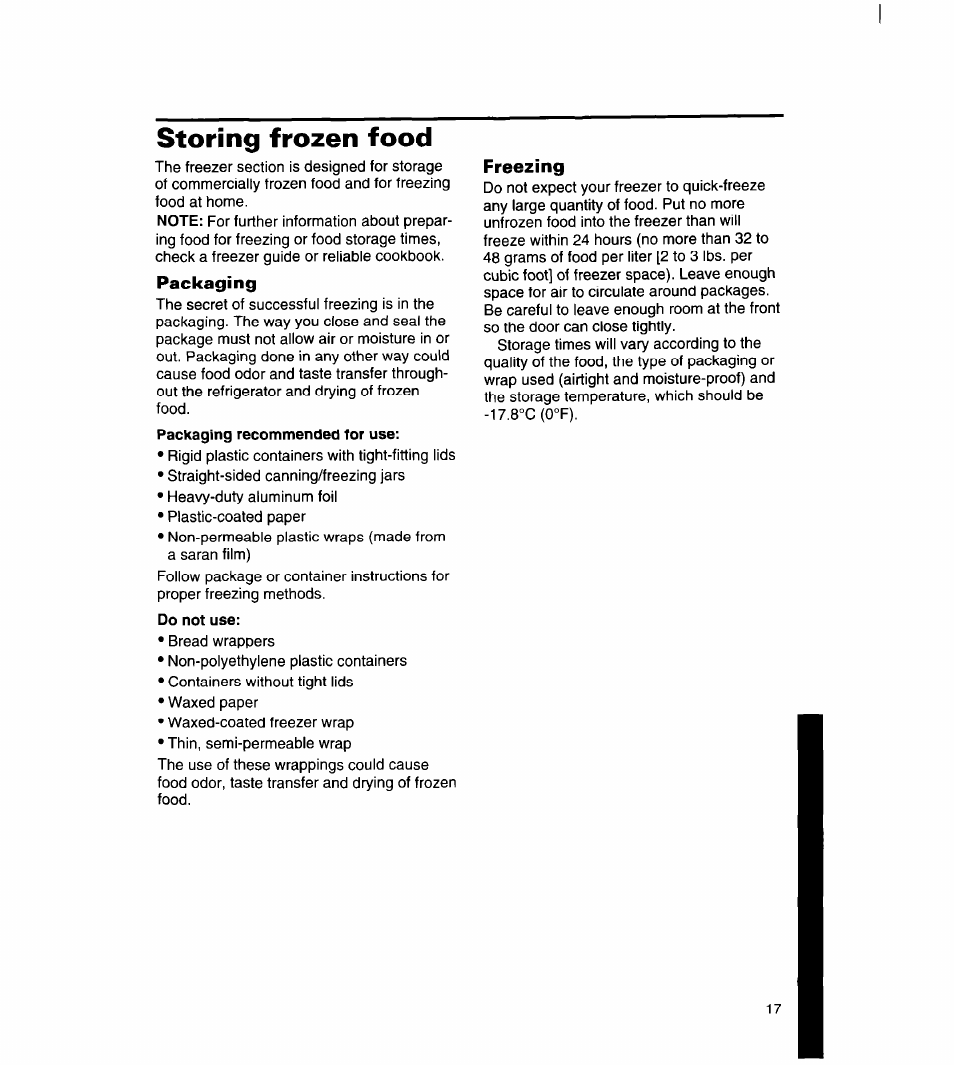 Storing frozen food, Packaging, Do not use | Freezing | Whirlpool 8ET14GK User Manual | Page 18 / 21