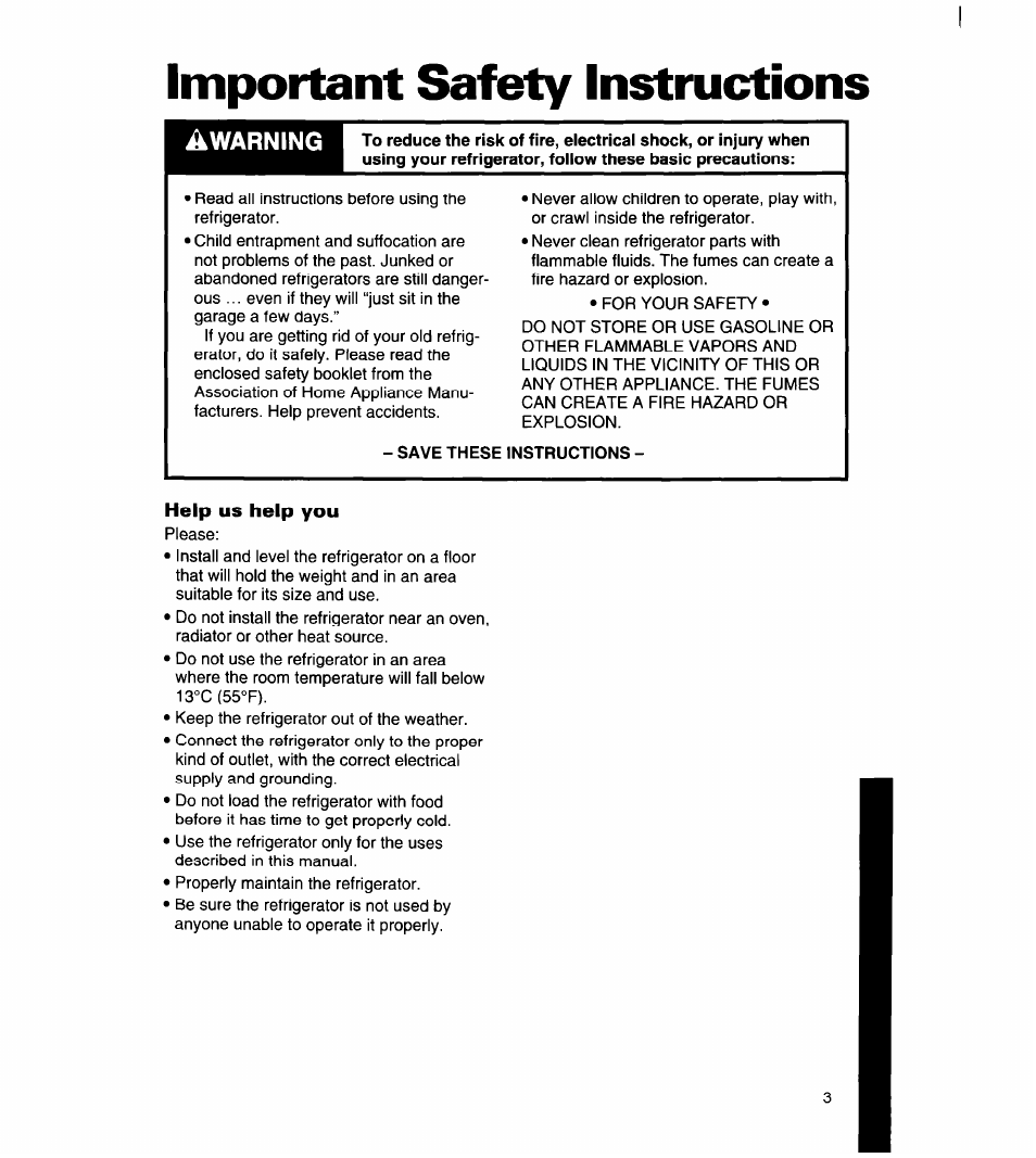 Important safety instructions, Save these instructions, Help us help you | Whirlpool 8ET14GK User Manual | Page 4 / 21