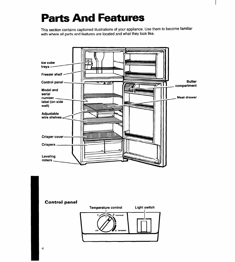 Parts and features, Control panel | Whirlpool 8ET14GK User Manual | Page 5 / 21