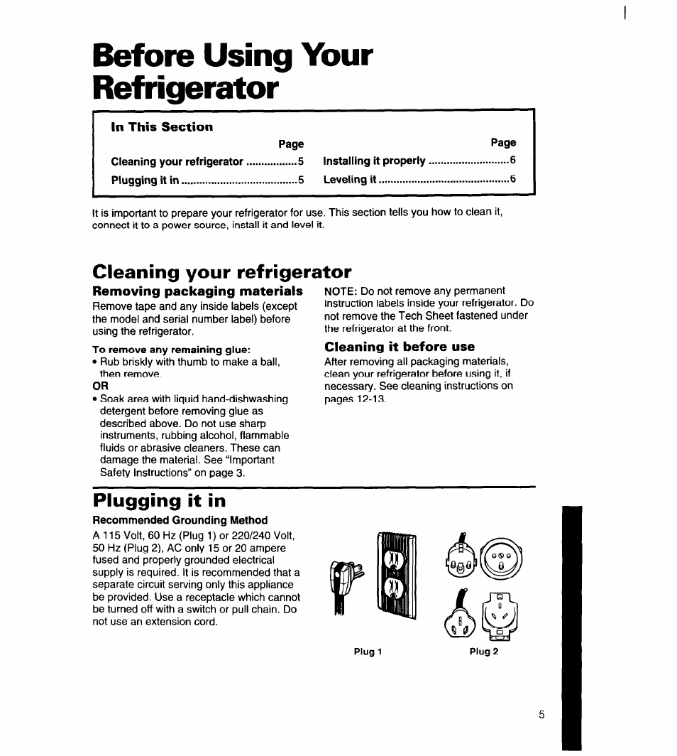 Before using your refrigerator, Cleaning it before use, Plugging it in | Cleaning your refrigerator | Whirlpool 8ET14GK User Manual | Page 6 / 21