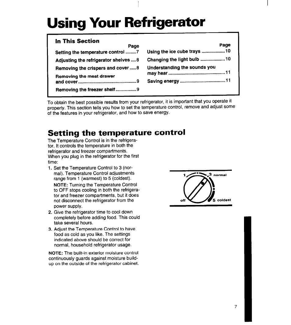 Using your refrigerator, Setting the temperature control | Whirlpool 8ET14GK User Manual | Page 8 / 21