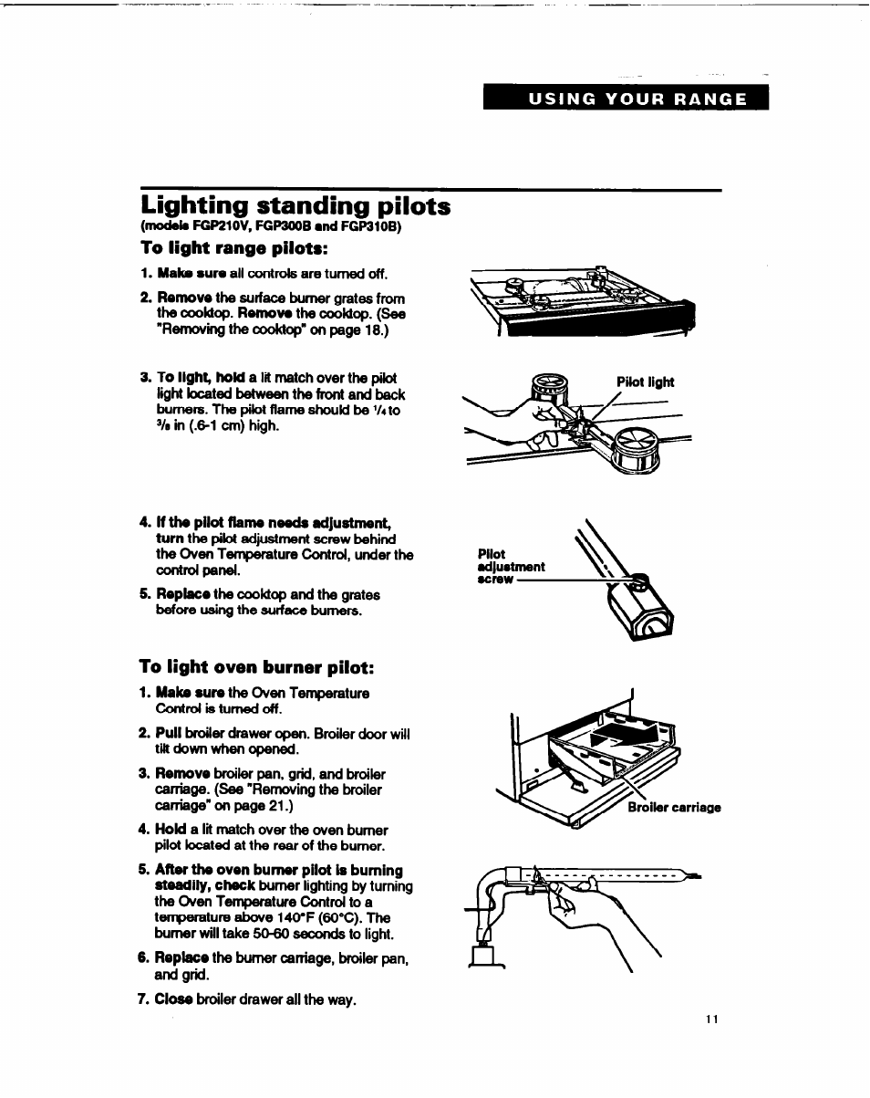 Lighting standing piiots, To light range pilots, To light oven burner pilot | Whirlpool FGP315B User Manual | Page 11 / 27