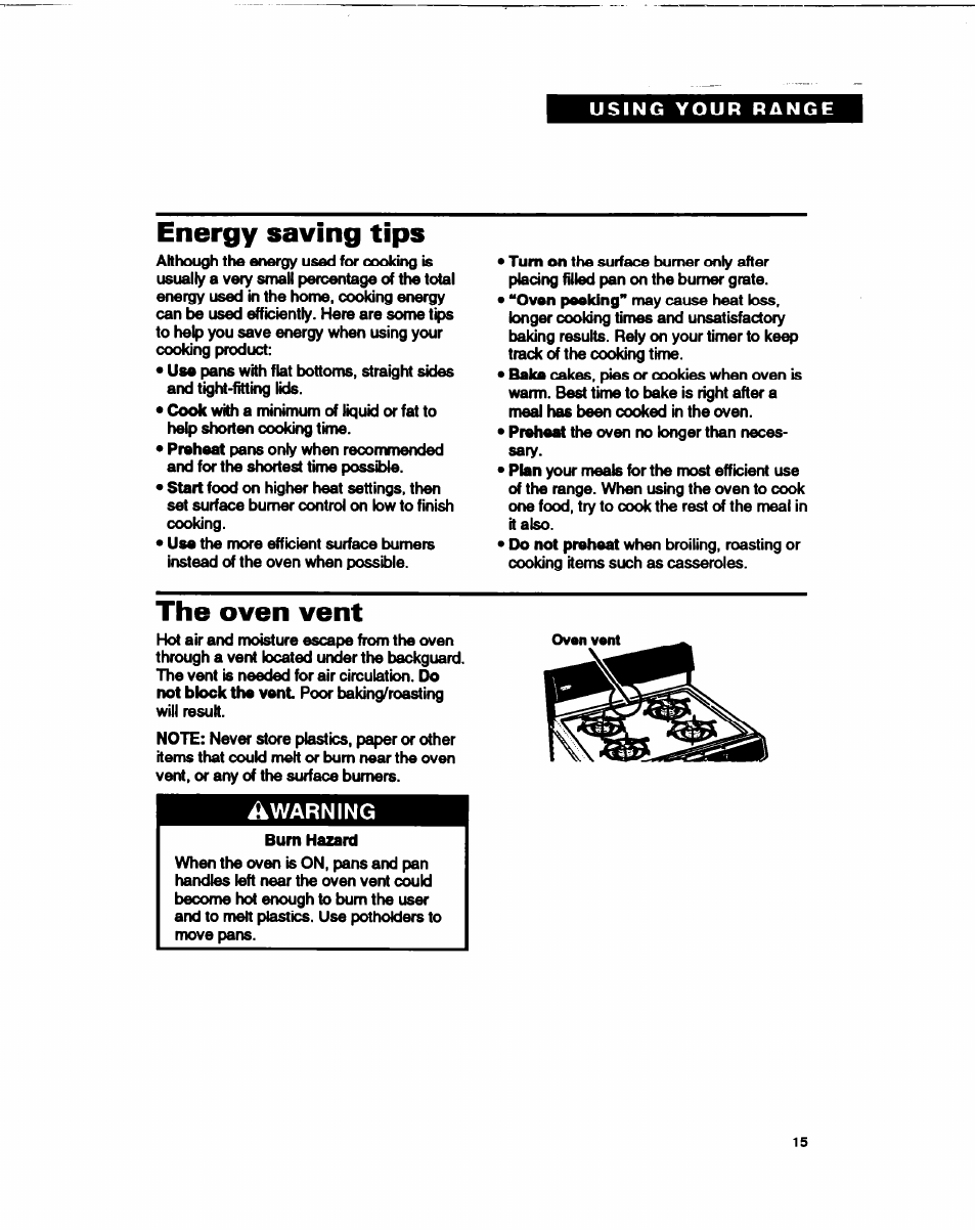 Energy saving tips, The oven vent | Whirlpool FGP315B User Manual | Page 15 / 27