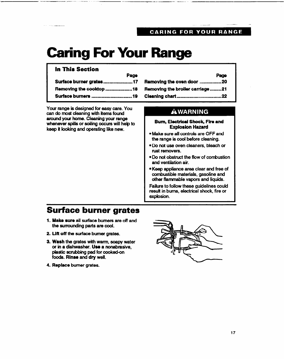 Caring for your range, Surface burner grates | Whirlpool FGP315B User Manual | Page 17 / 27