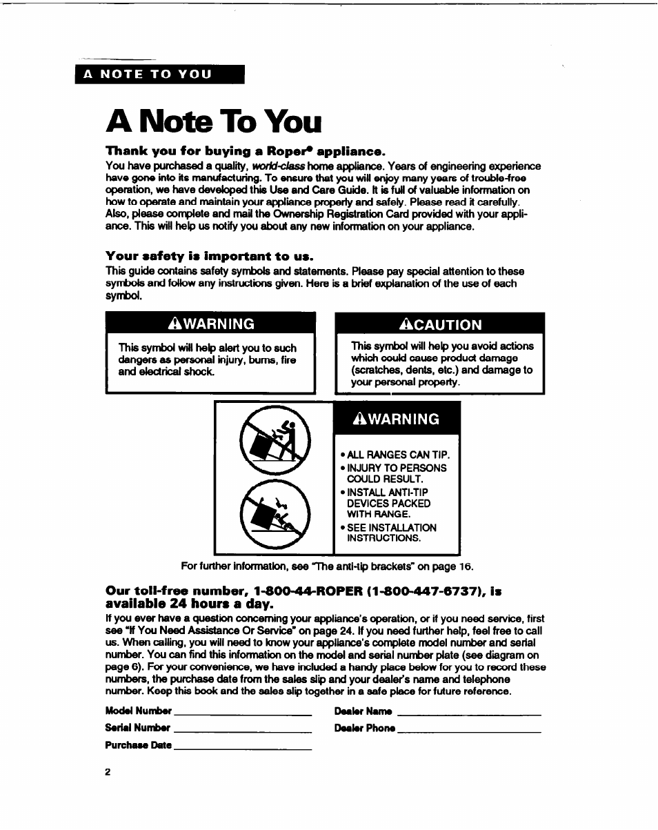 A note to you, Thank you for buying a roper* appliance, Your safety is important to us | Whirlpool FGP315B User Manual | Page 2 / 27