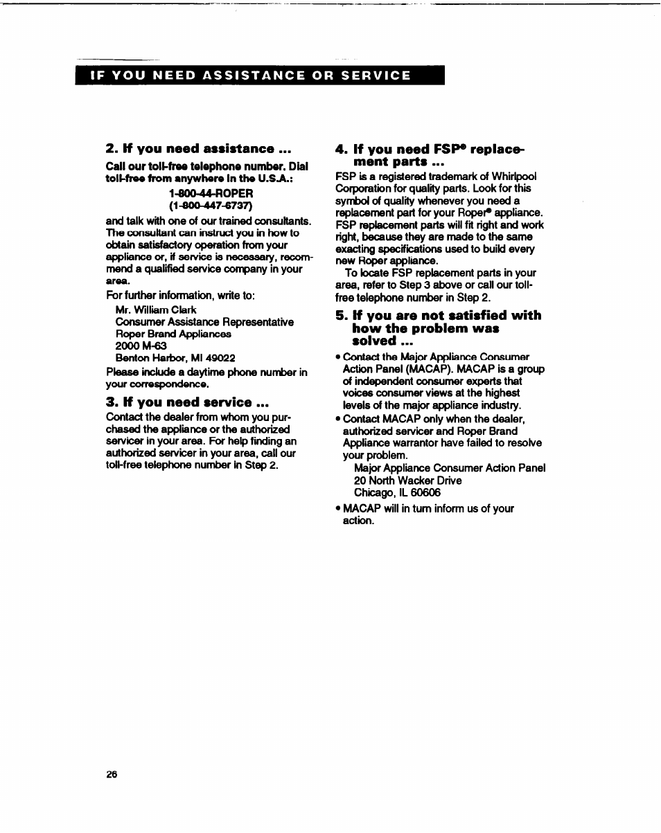 If you need assistance, If you need service, If you need fsp* repiace- ment parts | Whirlpool FGP315B User Manual | Page 26 / 27