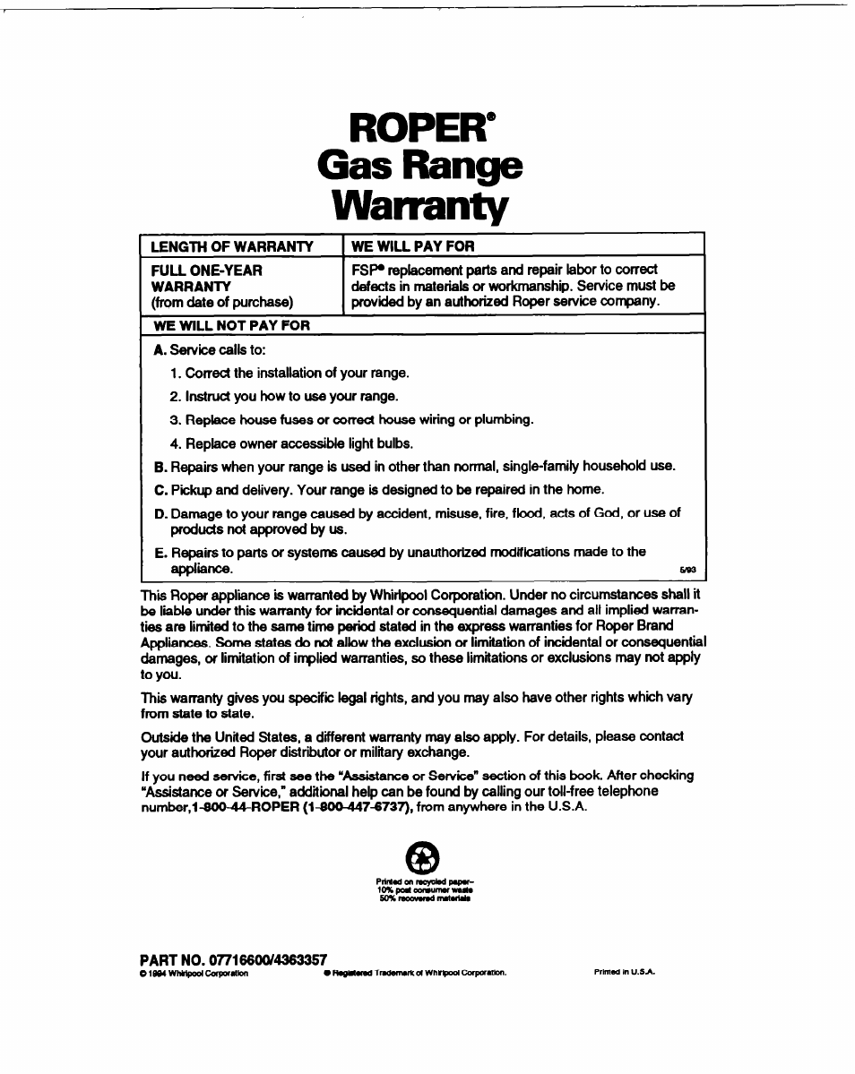 Roper* gas range warranty | Whirlpool FGP315B User Manual | Page 27 / 27