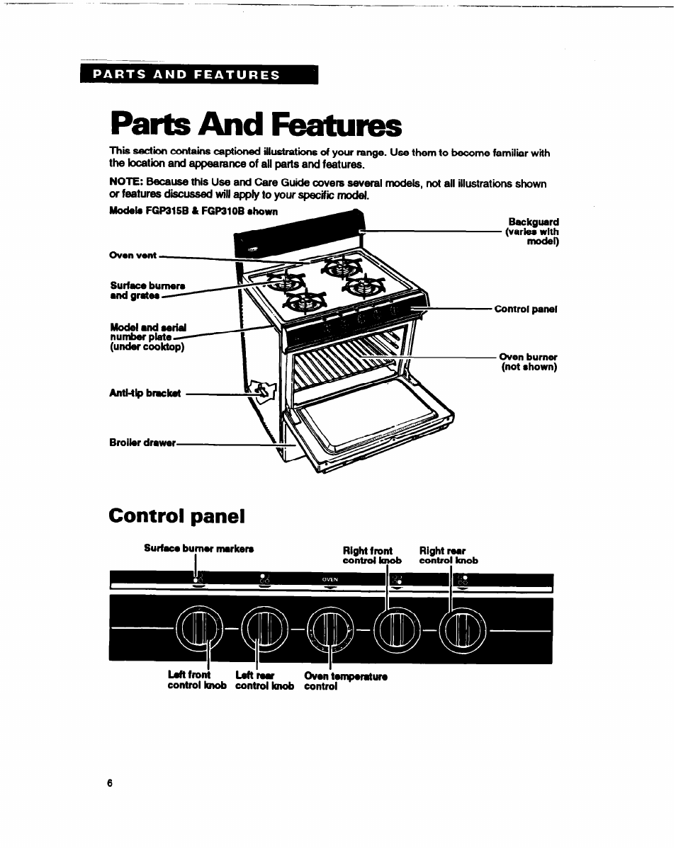 Parts and features, Control panel | Whirlpool FGP315B User Manual | Page 6 / 27