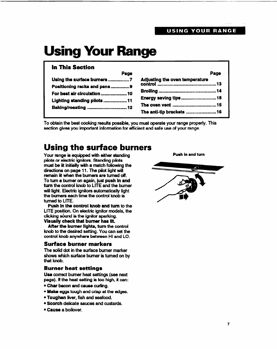 Using your range, In this section, Using the surface burners | Surface burner markers, Burner heat settings | Whirlpool FGP315B User Manual | Page 7 / 27