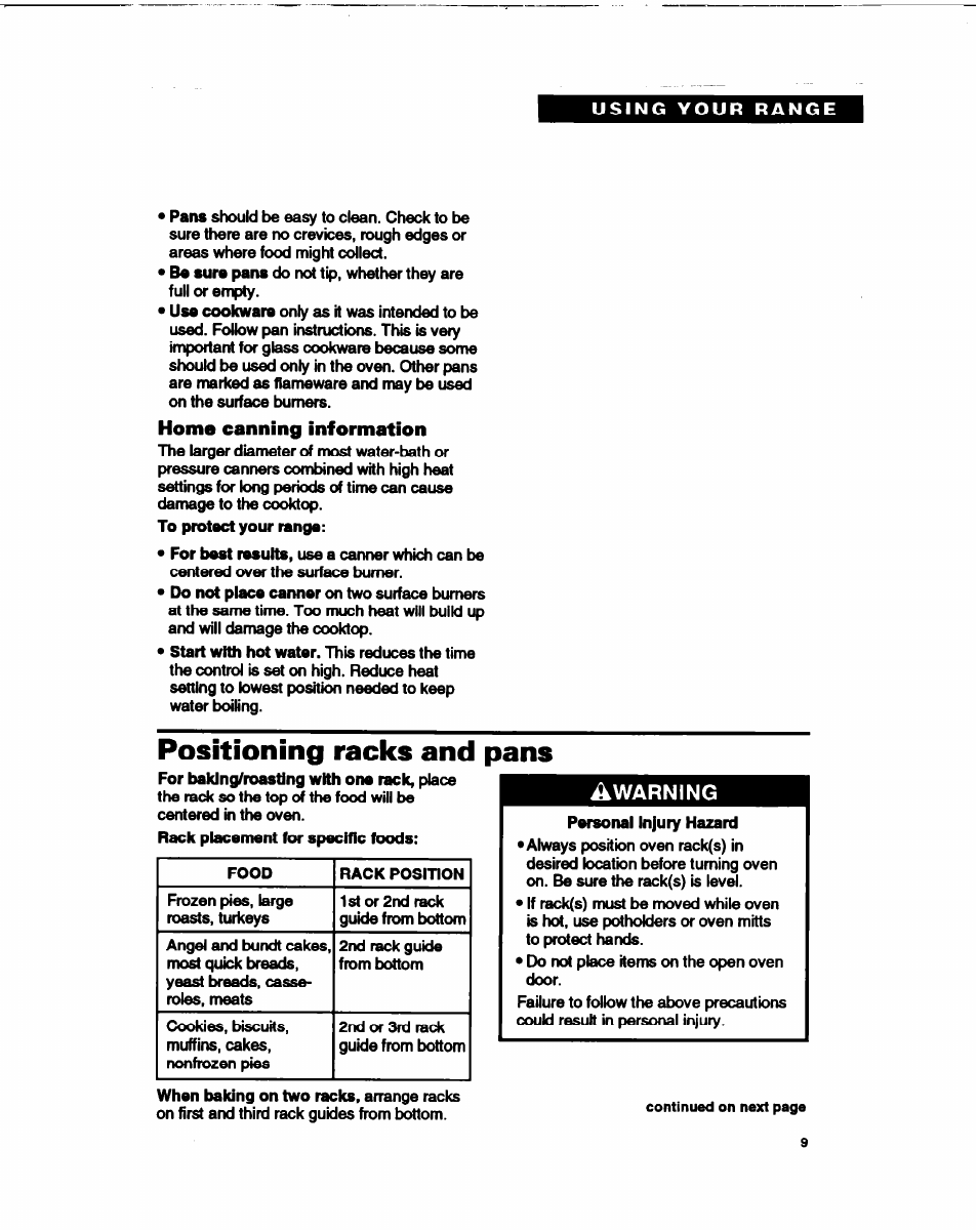 Home canning information, Positioning racks and pans | Whirlpool FGP315B User Manual | Page 9 / 27